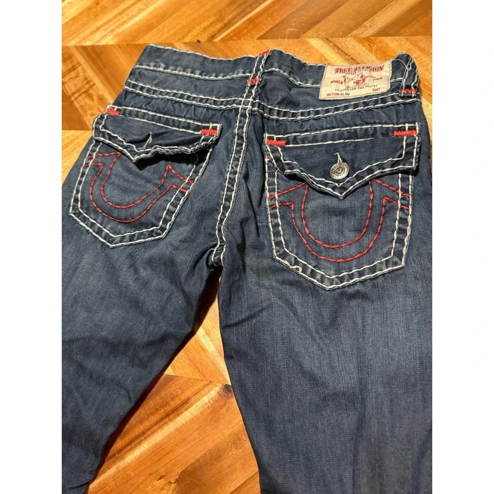 True Religion Jeans 33x32 Thick Stitch Distressed Red White Stitch Flap Pocket